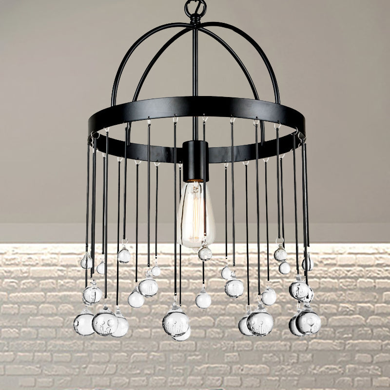 1-Light Ring Hanging Pendant Light Industrial Style Suspension Lamp with Crystal Ball Deco in Black Black Clearhalo 'Ceiling Lights' 'Modern Pendants' 'Modern' 'Pendant Lights' 'Pendants' Lighting' 260137