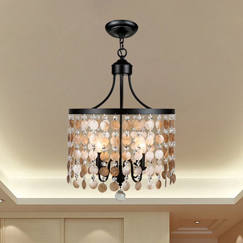 Vintage Style Round Chandelier Light Metal and Shell 4 Lights Suspension Light in Black for Bedroom Black Clearhalo 'Ceiling Lights' 'Chandeliers' 'Modern Chandeliers' 'Modern' Lighting' 260141