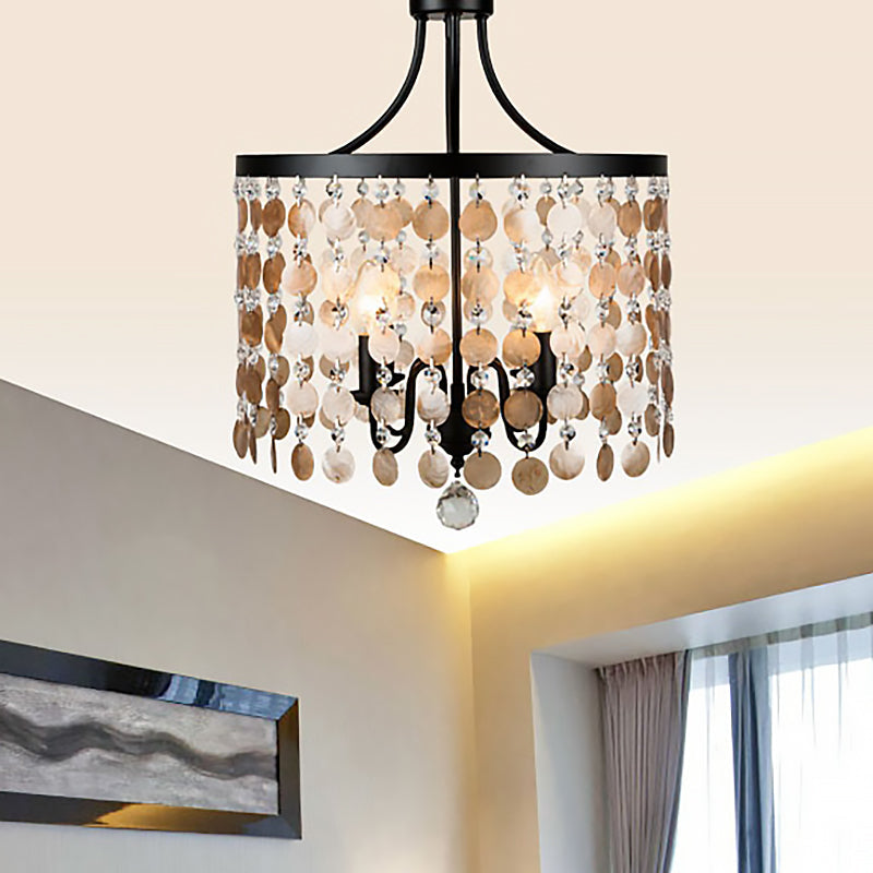 Vintage Style Round Chandelier Light Metal and Shell 4 Lights Suspension Light in Black for Bedroom Clearhalo 'Ceiling Lights' 'Chandeliers' 'Modern Chandeliers' 'Modern' Lighting' 260142