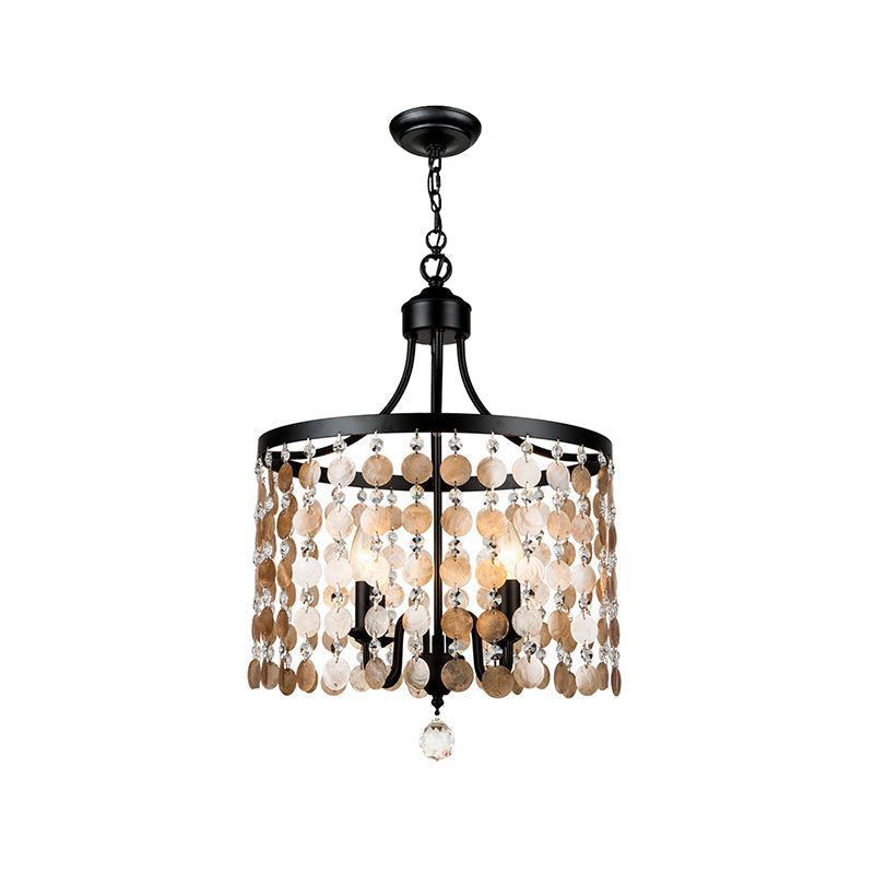 Vintage Style Round Chandelier Light Metal and Shell 4 Lights Suspension Light in Black for Bedroom Clearhalo 'Ceiling Lights' 'Chandeliers' 'Modern Chandeliers' 'Modern' Lighting' 260143