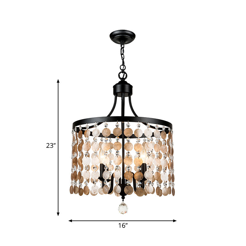 Vintage Style Round Chandelier Light Metal and Shell 4 Lights Suspension Light in Black for Bedroom Clearhalo 'Ceiling Lights' 'Chandeliers' 'Modern Chandeliers' 'Modern' Lighting' 260144