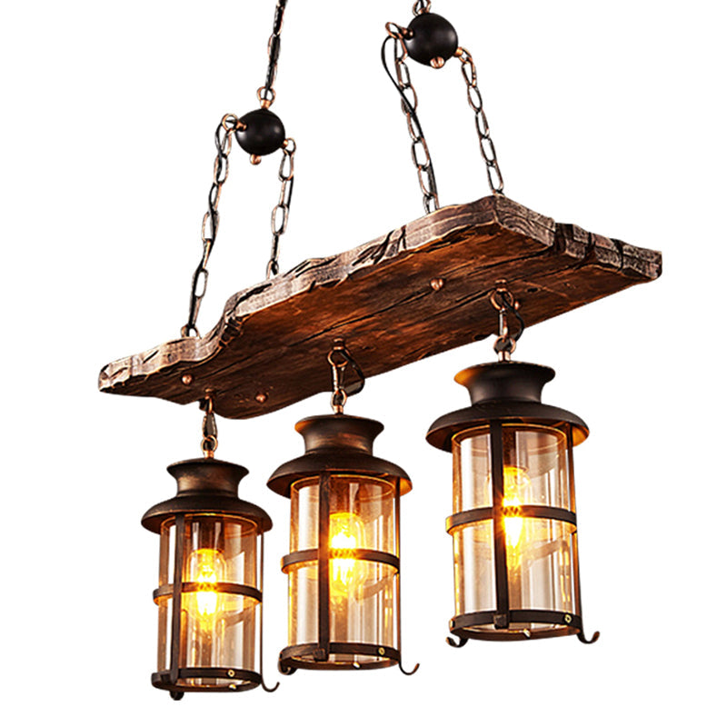 Rectangle Wood Chandelier Pendant Light Industrial Bar Ceiling Hanging Light Fixture in Black Distressed Wood Clearhalo 'Ceiling Lights' 'Chandeliers' Lighting' 2602601