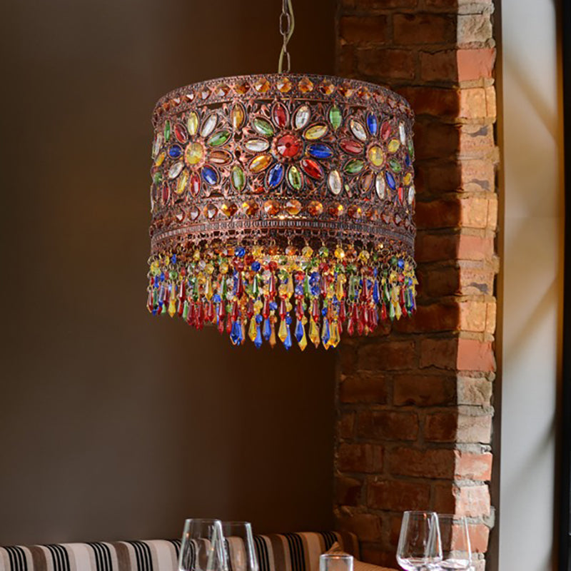 Metal Drum Shade Pendant Lamp Bohemia Style 1/3-Light Hanging Ceiling Light in Weathered Copper, 6.5