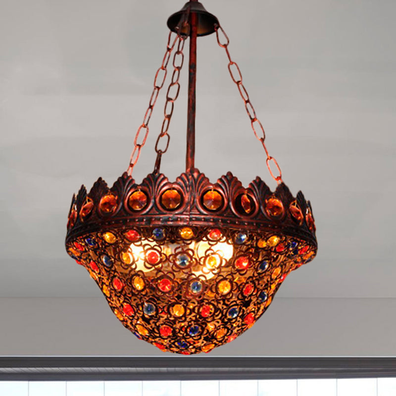 Bohemia Bowl Ceiling Light Crystal and Metal 3 Lights Suspension Lamp in Rustic Copper for Corridor Rustic Copper Clearhalo 'Ceiling Lights' 'Pendant Lights' 'Pendants' Lighting' 260300_2e2fd082-cd8e-478e-905f-3f86bf1f8cbf