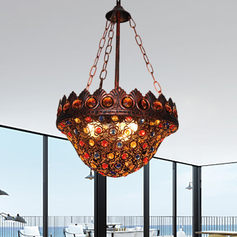 Bohemia Bowl Ceiling Light Crystal and Metal 3 Lights Suspension Lamp in Rustic Copper for Corridor Clearhalo 'Ceiling Lights' 'Pendant Lights' 'Pendants' Lighting' 260301