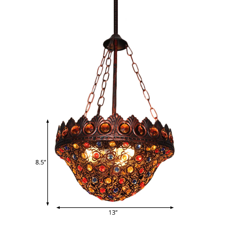 Bohemia Bowl Ceiling Light Crystal and Metal 3 Lights Suspension Lamp in Rustic Copper for Corridor Clearhalo 'Ceiling Lights' 'Pendant Lights' 'Pendants' Lighting' 260303