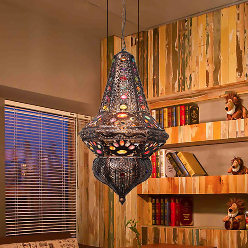 Crystal Beaded Stand Pendant Lighting with Lantern Shade Bohemia 1 Light Ceiling Light in Antique Copper Clearhalo 'Ceiling Lights' 'Pendant Lights' 'Pendants' Lighting' 260348