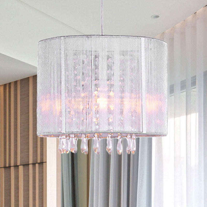 White Fabric Drum Hanging Lamp with Clear Crystal Prism Modern 1 Light Pendant Light Fixture in Silver Silver Clearhalo 'Ceiling Lights' 'Modern Pendants' 'Modern' 'Pendant Lights' 'Pendants' Lighting' 260364