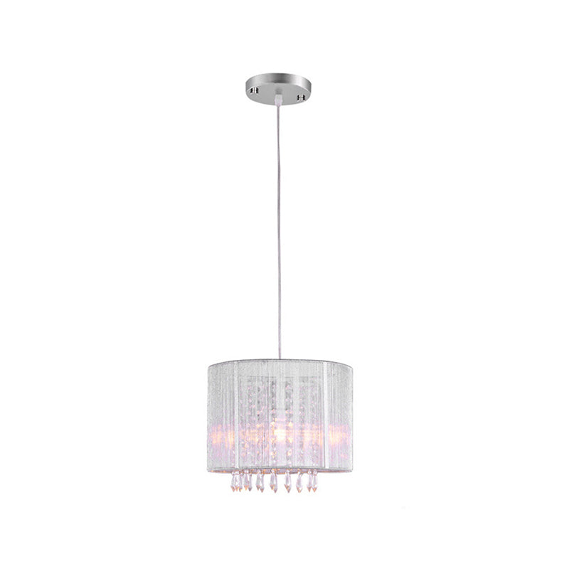 White Fabric Drum Hanging Lamp with Clear Crystal Prism Modern 1 Light Pendant Light Fixture in Silver Clearhalo 'Ceiling Lights' 'Modern Pendants' 'Modern' 'Pendant Lights' 'Pendants' Lighting' 260366