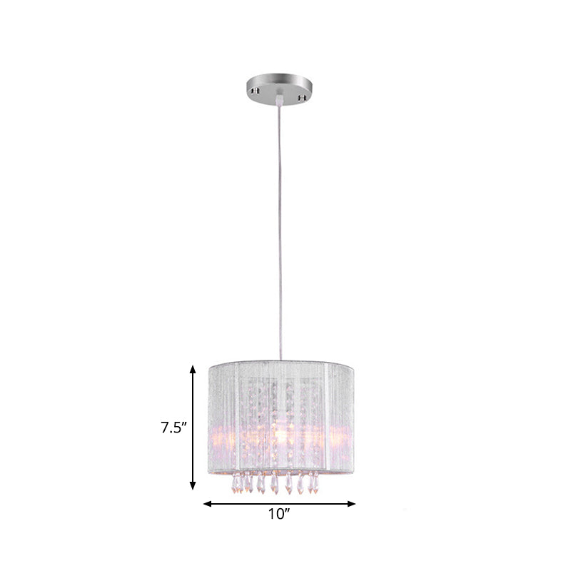 White Fabric Drum Hanging Lamp with Clear Crystal Prism Modern 1 Light Pendant Light Fixture in Silver Clearhalo 'Ceiling Lights' 'Modern Pendants' 'Modern' 'Pendant Lights' 'Pendants' Lighting' 260367