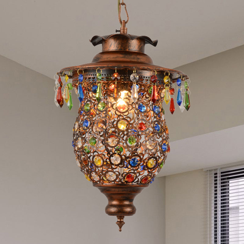 Bohemia Style Lantern Pendant Lamp Metallic 1 Light Hanging Ceiling Fixture with Crystal Bead in Antique Copper Clearhalo 'Ceiling Lights' 'Pendant Lights' 'Pendants' Lighting' 260382