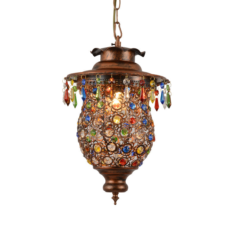 Bohemia Style Lantern Pendant Lamp Metallic 1 Light Hanging Ceiling Fixture with Crystal Bead in Antique Copper Clearhalo 'Ceiling Lights' 'Pendant Lights' 'Pendants' Lighting' 260384