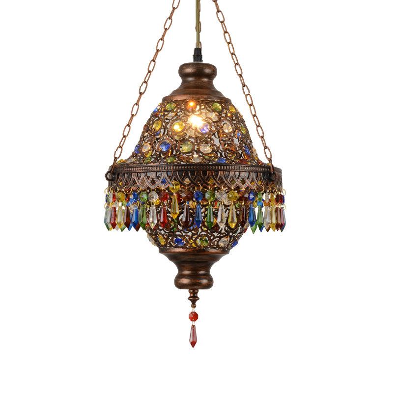 Bohemia Style Lantern Pendant Lamp Metallic 1 Light Hanging Ceiling Fixture with Crystal Bead in Antique Copper Clearhalo 'Ceiling Lights' 'Pendant Lights' 'Pendants' Lighting' 260387