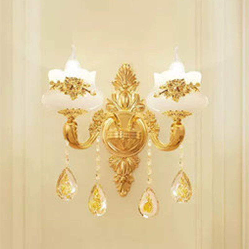 Classic Candelabra Hanging Chandelier Faux Jade Pendulum Light with Curved Arm in Gold 2.0 Gold Clearhalo 'Wall Lamps & Sconces' 'Wall Lights' Lighting' 2604409