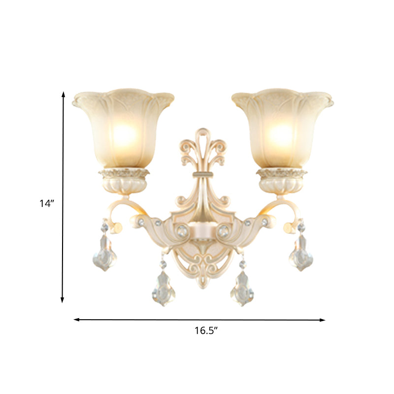 Flower White Glass Wall Mount Light Traditional 1/2 Lights Hallway Sconce Light Fixture with Crystal Drop Clearhalo 'Wall Lamps & Sconces' 'Wall Lights' Lighting' 260494