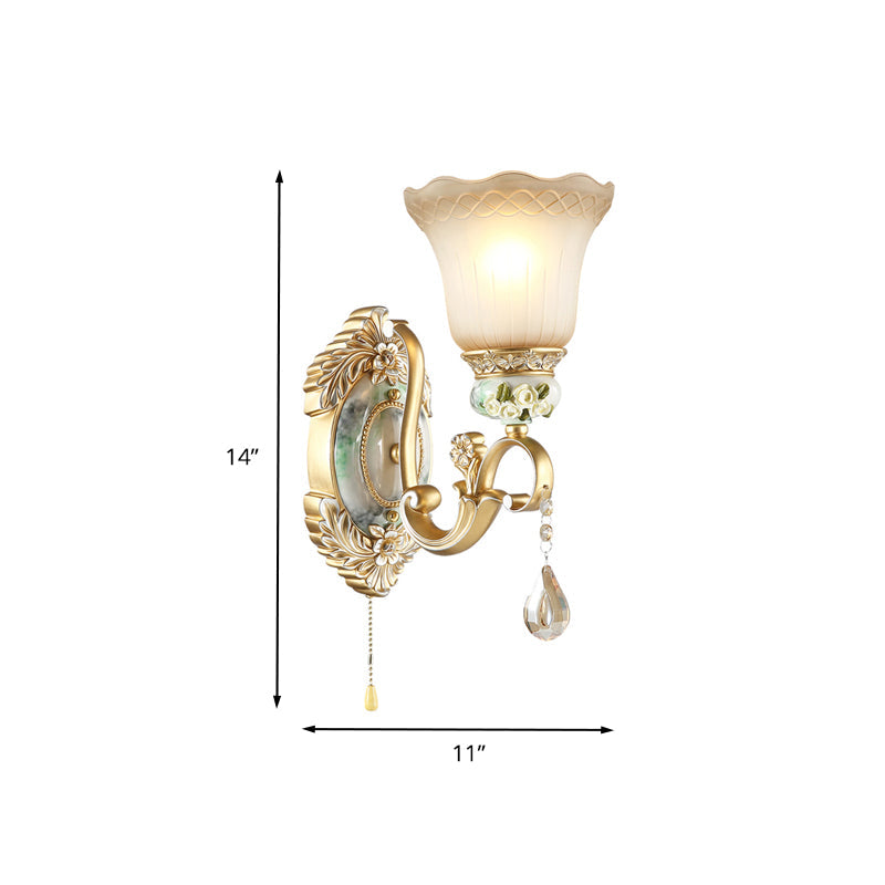 Gold Scallop Wall Light Vintage White Glass 1/2 Lights Living Room Sconce Light with Gold Arm and Backplate Clearhalo 'Wall Lamps & Sconces' 'Wall Lights' Lighting' 260502