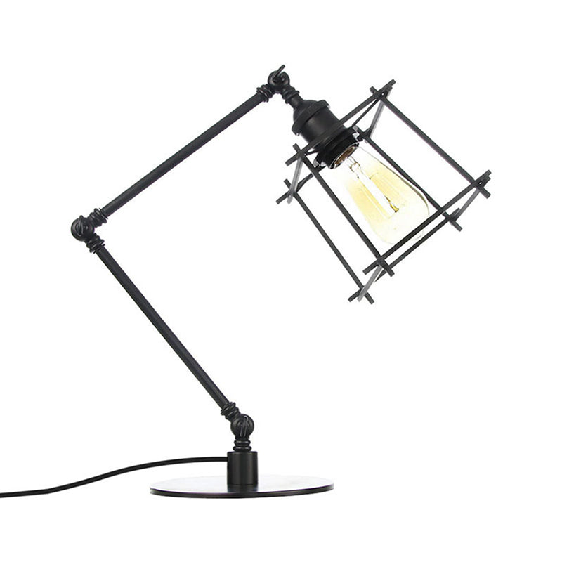 Metal Trapezoid Cage Table Lamp Vintage Style 1 Head Black/Brass Finish Table Lighting with Adjustable Arm Clearhalo 'Lamps' 'Table Lamps' Lighting' 260523