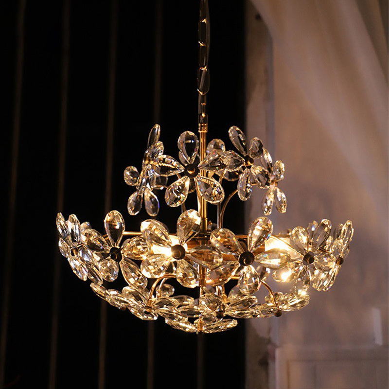 Vintage Brass Art Deco Hanging Chandelier Light Floral Clear Crystal Interior Drop Lamp Gold 18