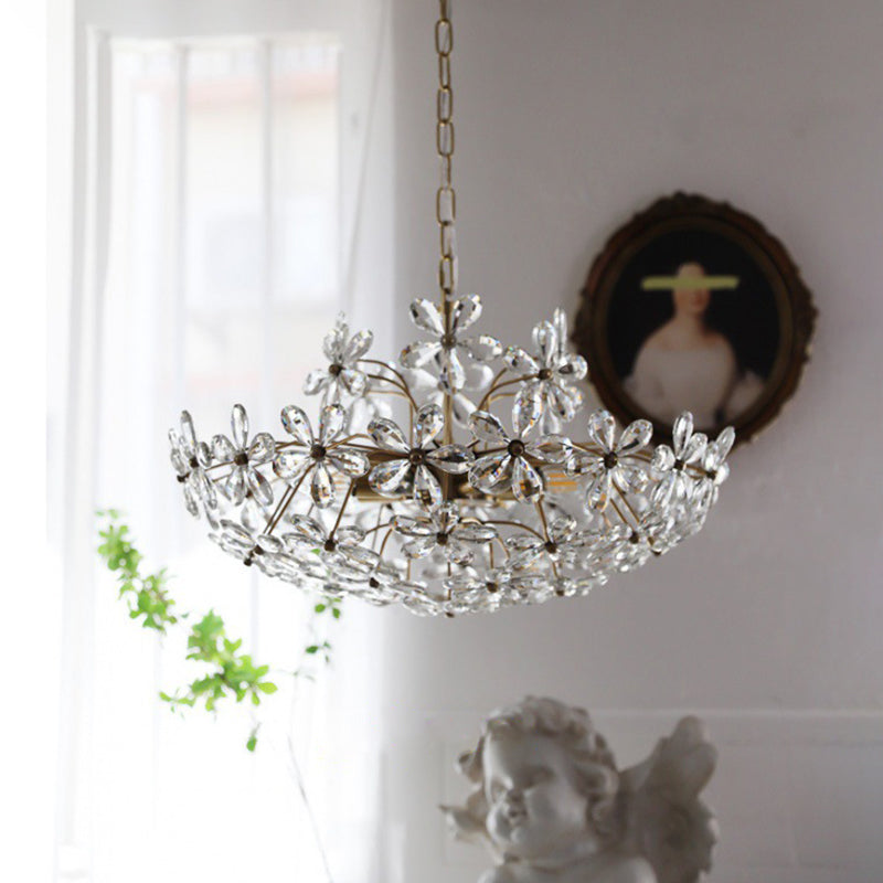 Vintage Brass Art Deco Hanging Chandelier Light Floral Clear Crystal Interior Drop Lamp Clearhalo 'Ceiling Lights' 'Chandeliers' Lighting' 2605302