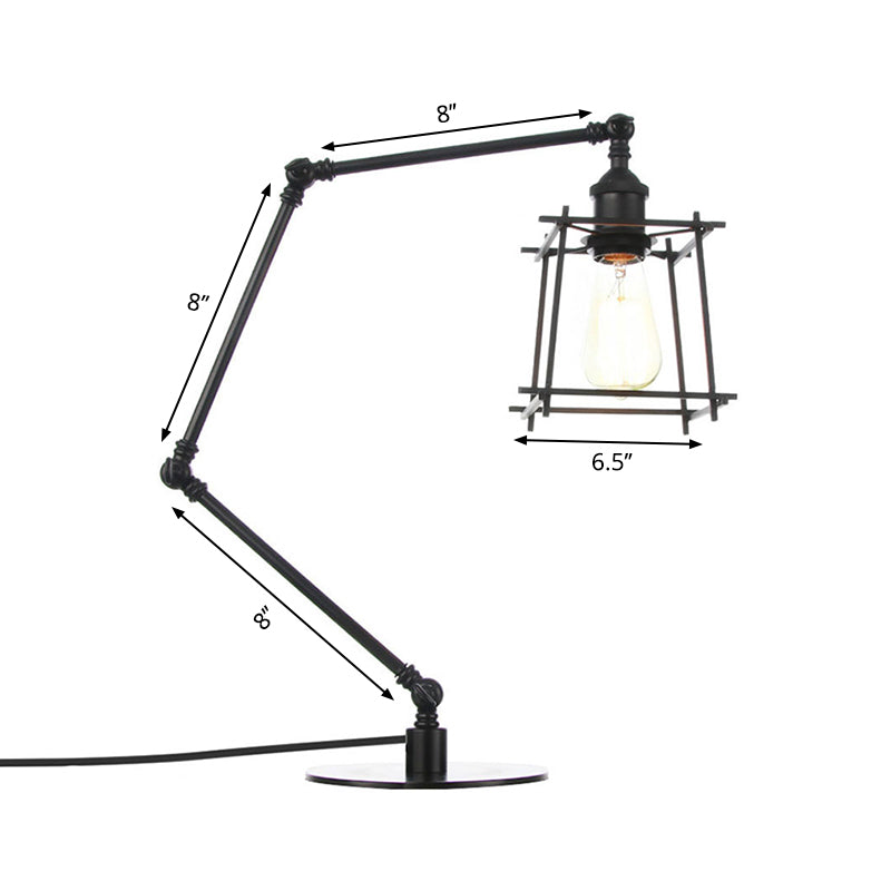 Metal Trapezoid Cage Table Lamp Vintage Style 1 Head Black/Brass Finish Table Lighting with Adjustable Arm Clearhalo 'Lamps' 'Table Lamps' Lighting' 260532