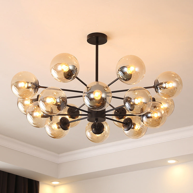 Modern Metal Hanging Chandelier Light Spherical Glass Shade Suspension Light in Black for Bedroom 16 Black Amber Clearhalo 'Ceiling Lights' 'Chandeliers' Lighting' 2605328