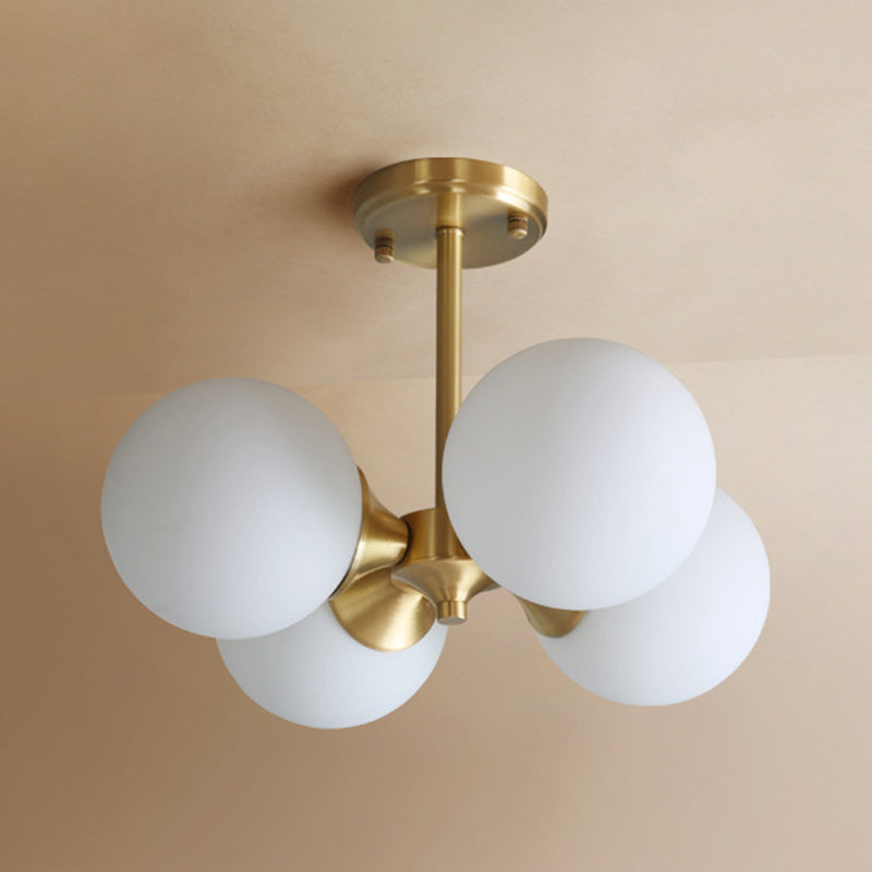 Post-Modern Metal Hanging Chandelier Light Opal Glass Shade 4 Light Ceiling Chandelier in Gold for Bedroom Clearhalo 'Ceiling Lights' 'Chandeliers' Lighting' 2605368