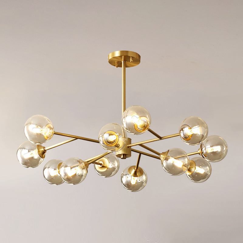 Post-Modern Metal Hanging Chandelier Light Amber Glass Shade Ceiling Chandelier in Gold for Bedroom 12 Gold Clearhalo 'Ceiling Lights' 'Chandeliers' Lighting' 2605370