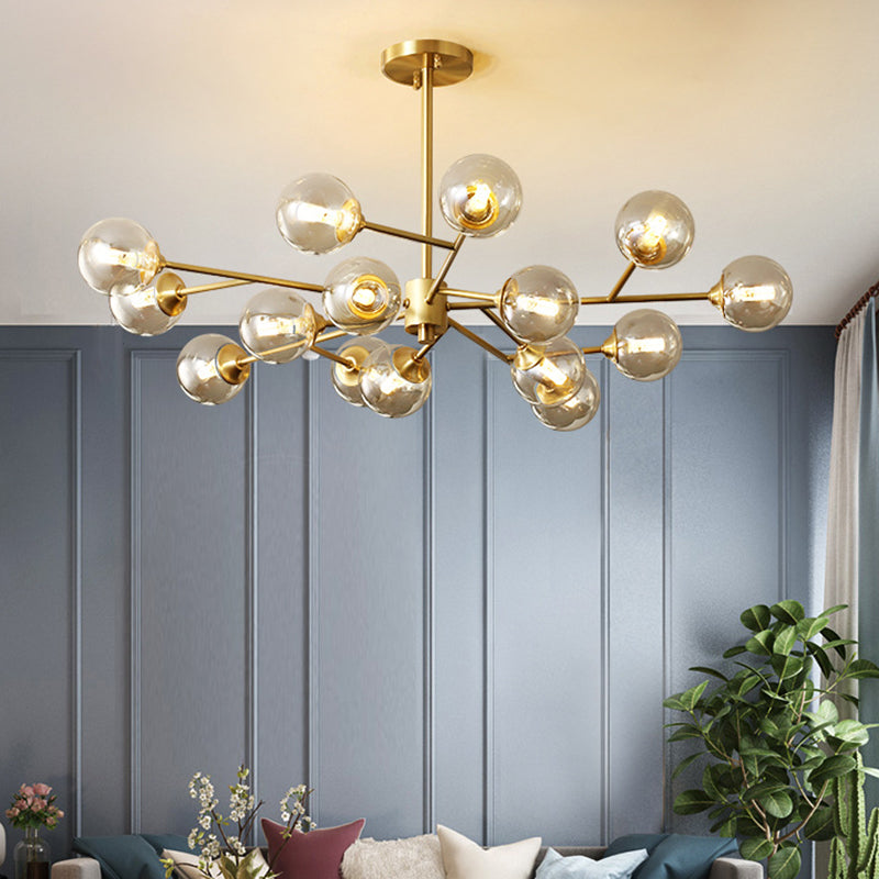 Post-Modern Metal Hanging Chandelier Light Amber Glass Shade Ceiling Chandelier in Gold for Bedroom Clearhalo 'Ceiling Lights' 'Chandeliers' Lighting' 2605372