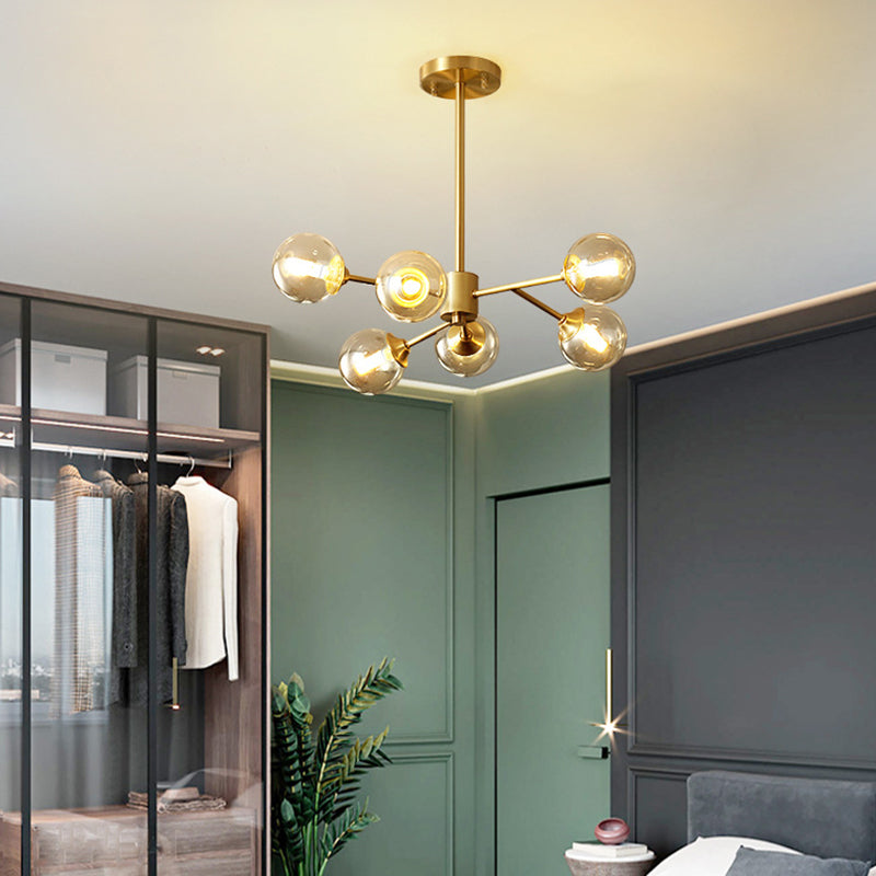 Post-Modern Metal Hanging Chandelier Light Amber Glass Shade Ceiling Chandelier in Gold for Bedroom Clearhalo 'Ceiling Lights' 'Chandeliers' Lighting' 2605374