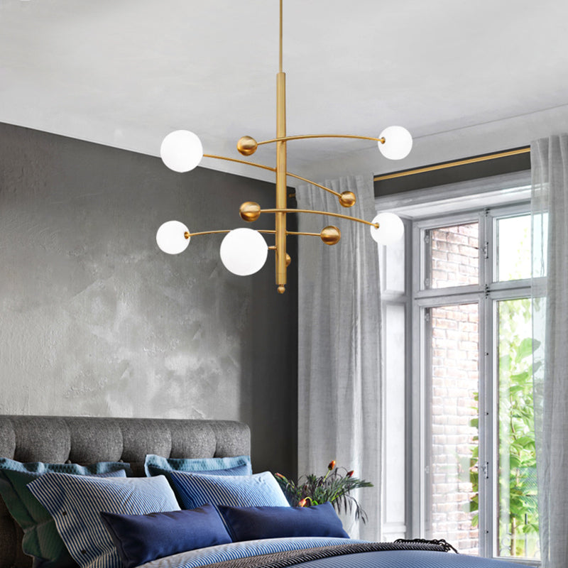 Post-Modern Hanging Chandelier Light Opal Glass Shade 5 Light Ceiling Chandelier in Gold for Bedroom Clearhalo 'Ceiling Lights' 'Chandeliers' Lighting' 2605382