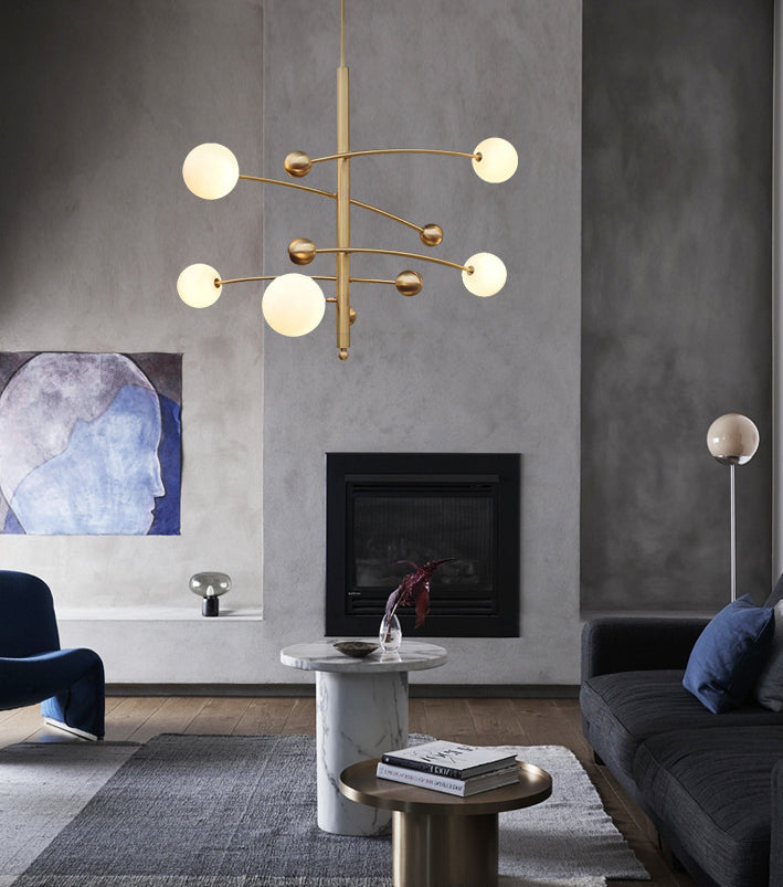 Post-Modern Hanging Chandelier Light Opal Glass Shade 5 Light Ceiling Chandelier in Gold for Bedroom Clearhalo 'Ceiling Lights' 'Chandeliers' Lighting' 2605388