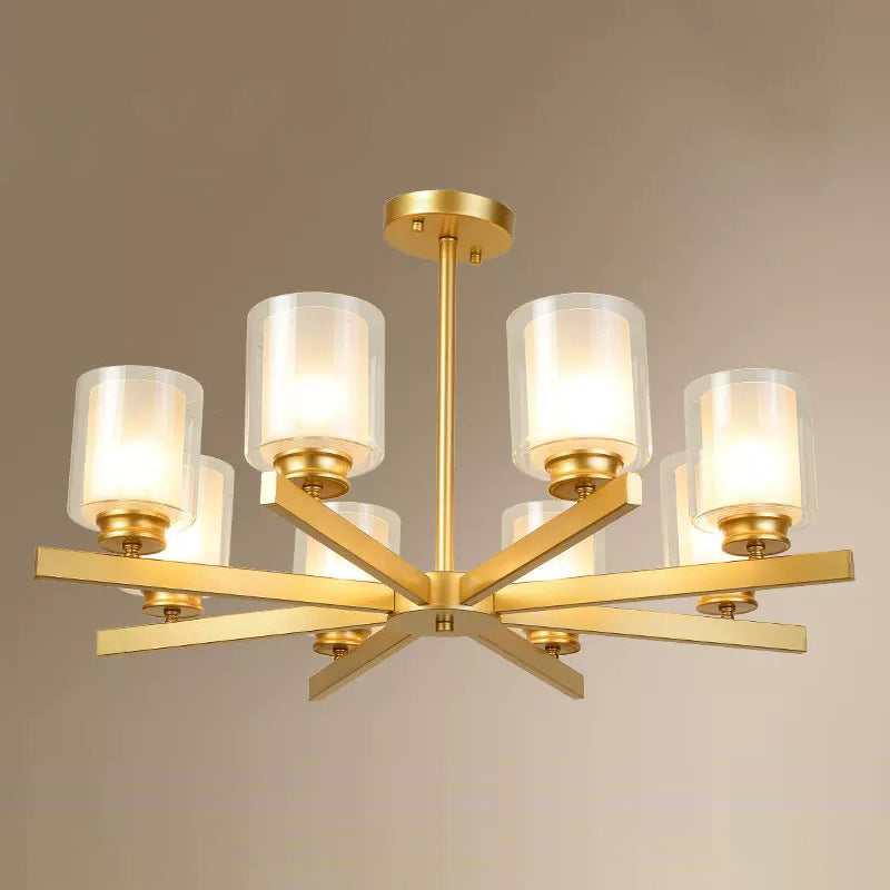 Contemporary Metal Hanging Chandelier Light Cylinder Glass Shade Suspension Light for Bedroom 8 Gold Clearhalo 'Ceiling Lights' 'Chandeliers' Lighting' 2605395