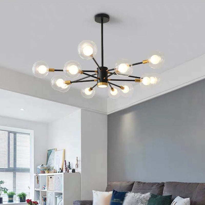 Modern Metal Radial Hanging Chandelier Light Spherical Clear Glass Shade Suspension Light in Black Clearhalo 'Ceiling Lights' 'Chandeliers' Lighting' 2605436