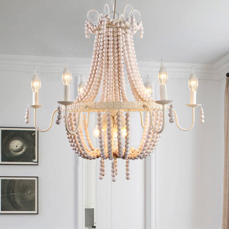 White 6/9-Head Chandelier Light Transitional Wooden Beaded Basket Hanging Ceiling Pendant Clearhalo 'Ceiling Lights' 'Chandeliers' Lighting' options 260689