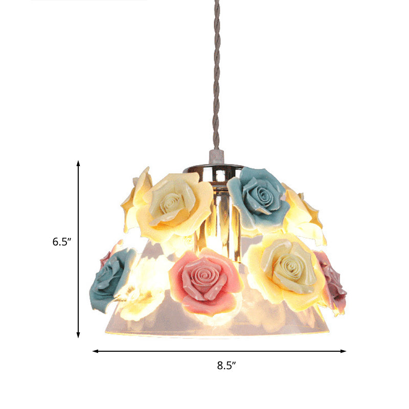 Modern Cone Pendant Ceiling Light Clear Glass 1 Head Living Room Hanging Lamp with Blue-Pink-Yellow Flower Ceramic Design Clearhalo 'Ceiling Lights' 'Glass shade' 'Glass' 'Modern Pendants' 'Modern' 'Pendant Lights' 'Pendants' Lighting' 260899