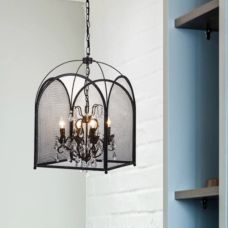 Vintage Candle Hanging Pendant 4 Lights Metal Ceiling Chandelier in Black with Crystal Drop Black Clearhalo 'Ceiling Lights' 'Chandeliers' Lighting' options 260977_b3ed56b9-fa4c-48ee-bc35-d30aeec6d251