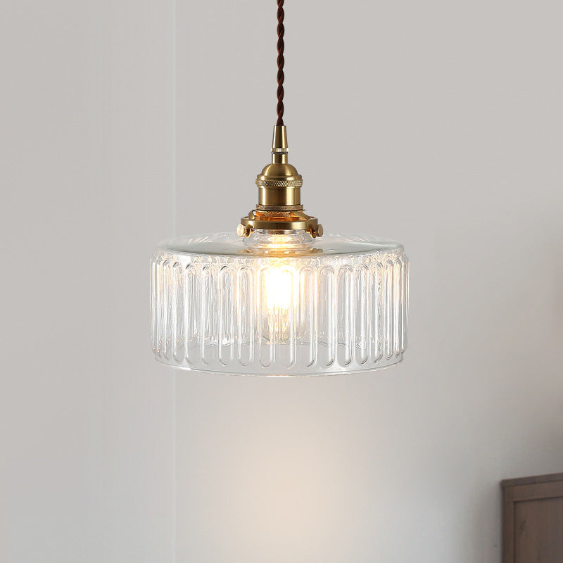 Vintage 1 Light Pendant Lamp Clear Ribbed Glass Drum Pendant Lighting for Living Room Clearhalo 'Ceiling Lights' 'Pendant Lights' 'Pendants' Lighting' 2609965