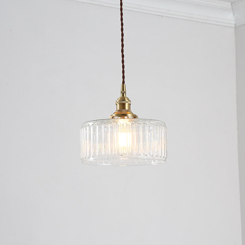 Vintage 1 Light Pendant Lamp Clear Ribbed Glass Drum Pendant Lighting for Living Room Clearhalo 'Ceiling Lights' 'Pendant Lights' 'Pendants' Lighting' 2609966