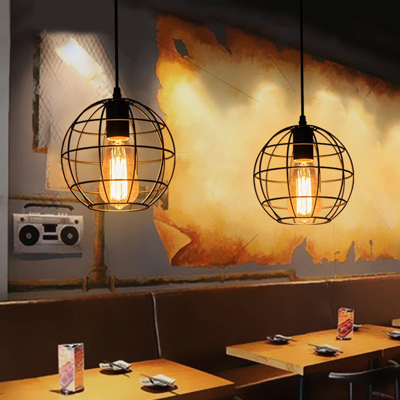 Black Metal 1 Light Pendant Light Indsutrial Retro Spherical Cage Hanging Lamp for Restaurant Clearhalo 'Ceiling Lights' 'Pendant Lights' 'Pendants' Lighting' options 2610010