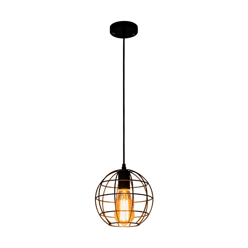 Black Metal 1 Light Pendant Light Indsutrial Retro Spherical Cage Hanging Lamp for Restaurant Clearhalo 'Ceiling Lights' 'Pendant Lights' 'Pendants' Lighting' options 2610013