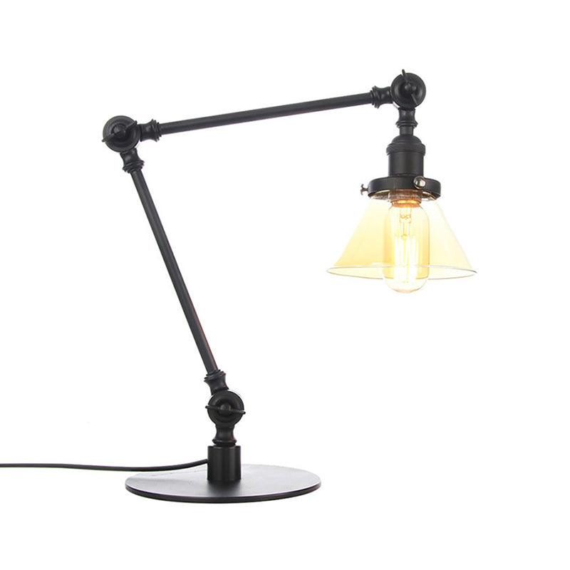 Industrial Style Conic Table Light Amber/Clear Glass and Metal 1 Light Bedroom Table Lamp with Adjustable Arm in Black/Brass Clearhalo 'Lamps' 'Table Lamps' Lighting' 261052