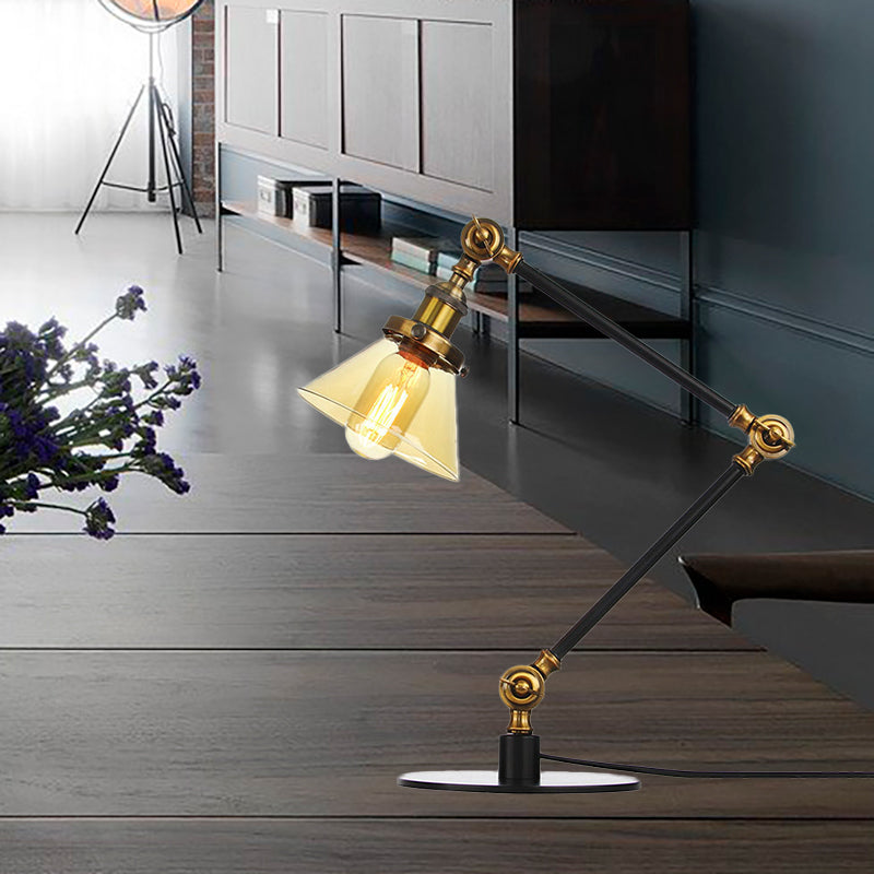 Industrial Style Conic Table Light Amber/Clear Glass and Metal 1 Light Bedroom Table Lamp with Adjustable Arm in Black/Brass Clearhalo 'Lamps' 'Table Lamps' Lighting' 261064