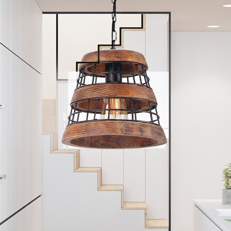 Brown Barrel Pendant Lamp Vintage Wood 1 Light Dining Room Hanging Ceiling Light with Metal Cage Wood Clearhalo 'Ceiling Lights' 'Pendant Lights' 'Pendants' Lighting' 261187_1d552a02-6afd-4227-9348-1e471c2e86b8