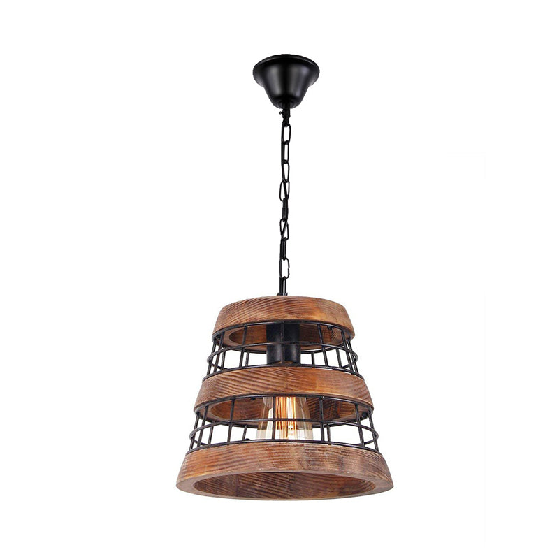 Brown Barrel Pendant Lamp Vintage Wood 1 Light Dining Room Hanging Ceiling Light with Metal Cage Clearhalo 'Ceiling Lights' 'Pendant Lights' 'Pendants' Lighting' 261190