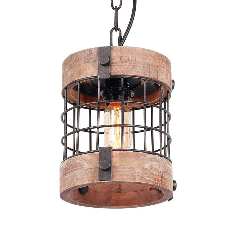 Brown 1 Light Pendant Lamp Traditional Wood Barrel Hanging Ceiling Light for Dining Room with Cage Clearhalo 'Ceiling Lights' 'Pendant Lights' 'Pendants' Lighting' 261204