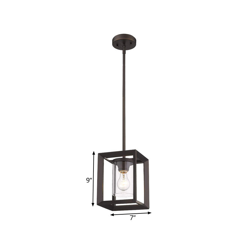 1 Light Suspension Lamp Classic Cylinder Clear Glass Hanging Ceiling Light in Black with Square Frame Clearhalo 'Ceiling Lights' 'Glass shade' 'Glass' 'Pendant Lights' 'Pendants' Lighting' 261211