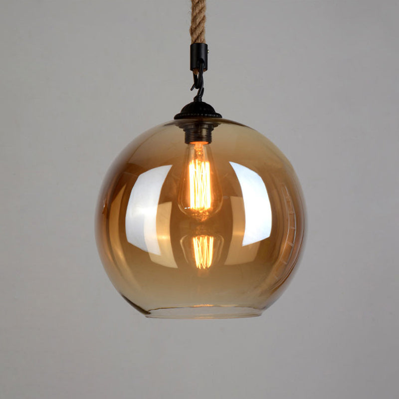 Amber Glass Globe Shade Pendant Light Vintage Industrial Mini Hanging Lamp with 39 Inch Adjustable Hanging Hemp Rope Clearhalo 'Ceiling Lights' 'Pendant Lights' 'Pendants' Lighting' options 2612181