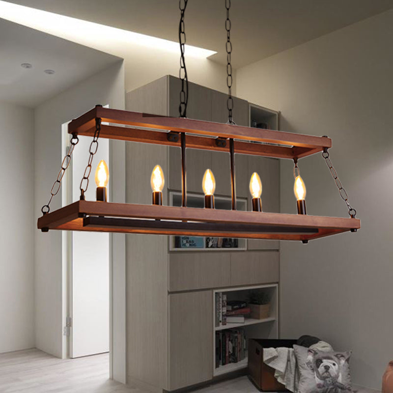 Trapezoid Wood Hanging Pendant Light Vintage 3/5 Lights Dining Room Island Lighting Fixture in Brown 5 Wood Clearhalo 'Ceiling Lights' 'Island Lights' Lighting' 261357