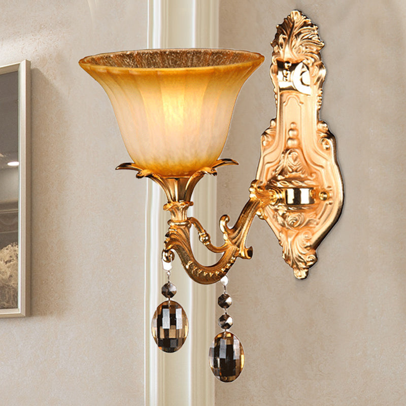 1 Head Amber Glass Sconce Light Traditional Brass Flower Bedroom Wall Mounted Light Brass Clearhalo 'Wall Lamps & Sconces' 'Wall Lights' Lighting' 261377