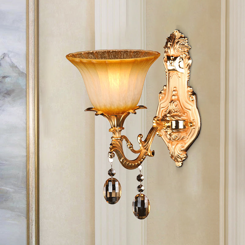 1 Head Amber Glass Sconce Light Traditional Brass Flower Bedroom Wall Mounted Light Clearhalo 'Wall Lamps & Sconces' 'Wall Lights' Lighting' 261378